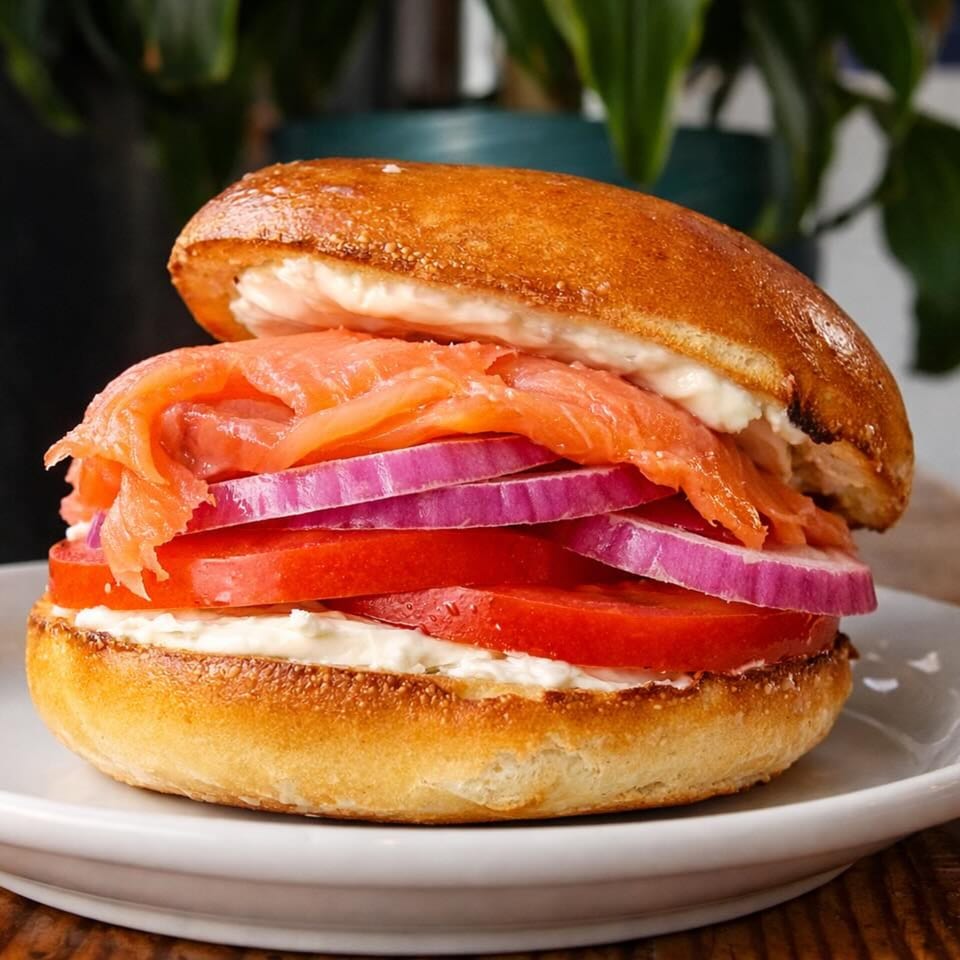 Bagel with cream cheese, smoked salmon, red onion, and tomato on a white plate.
