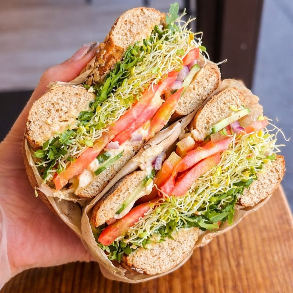 A hand holds a fresh bagel sandwich filled with sprouts, arugula, tomatoes, and cucumbers.